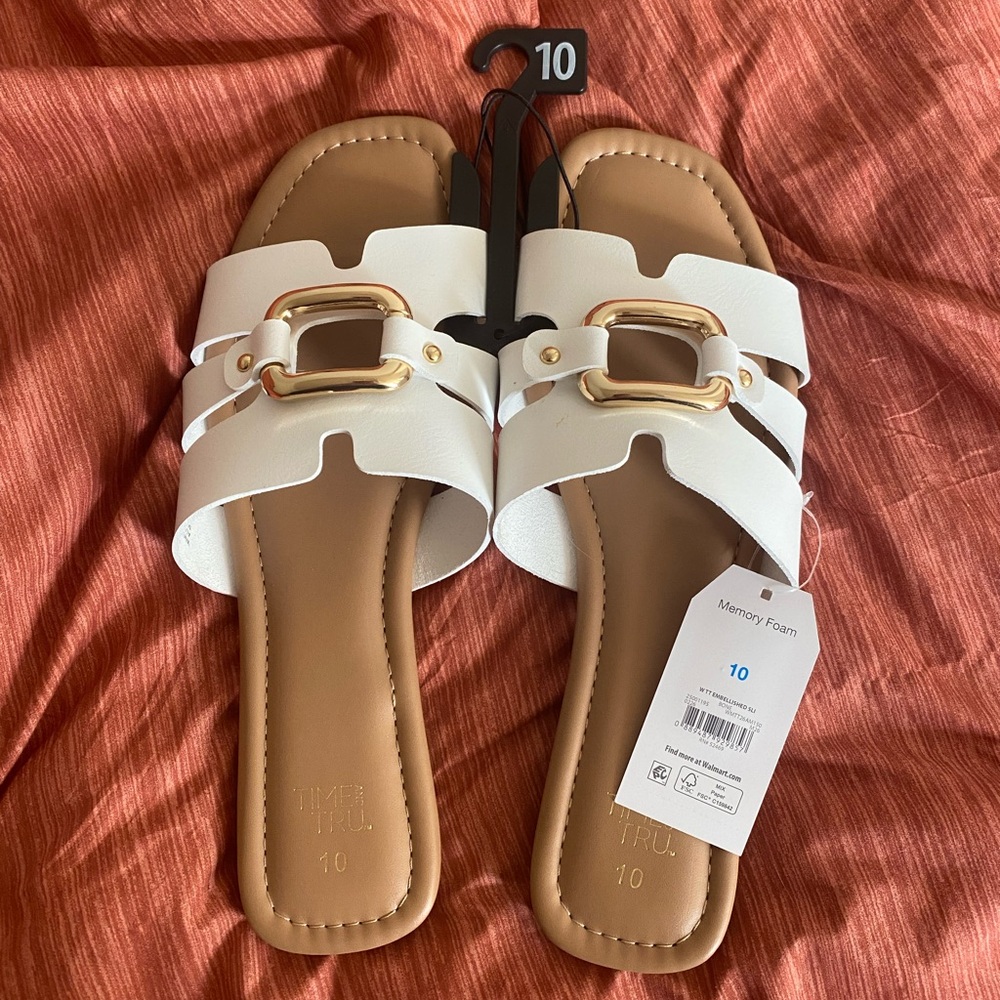 Time and Tru White Sandals with Gold Buckle